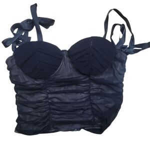 Vintage Bebe y2k bustier ruched mesh top blouse shirt bow tie straps black 8